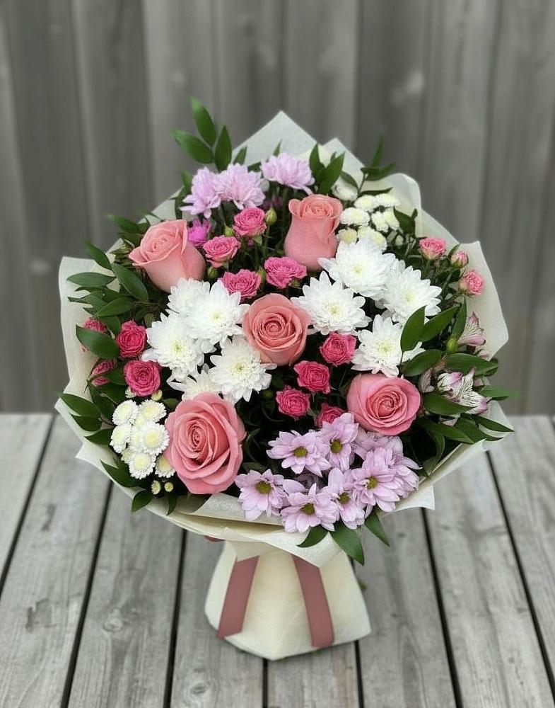 Букет цветов из: Альстромерии, Гвоздики, Розы и Хризантемы в Кстово