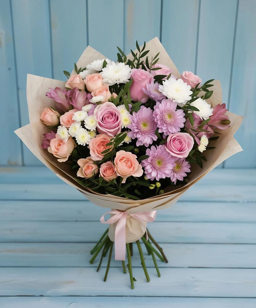 Букет цветов из: Хризантемы, Розы и Альстромерии в Кстово