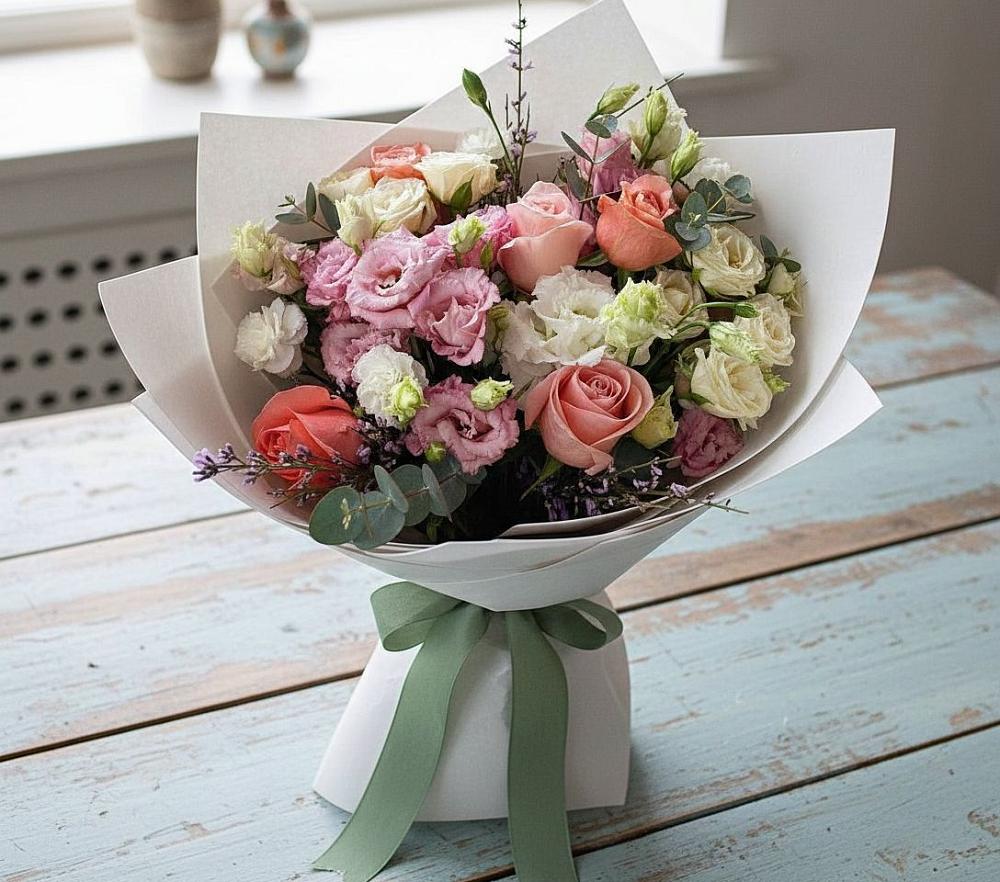 Букет цветов из: Розы, Лизиантусы и Гвоздики в Кстово