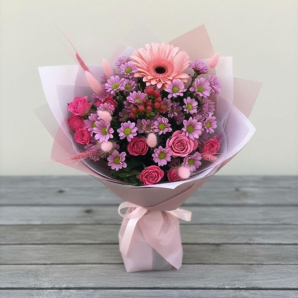 Букет цветов из: Розы, Герберы и Хризантемы в Кстово